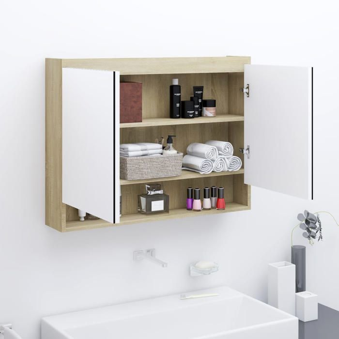 Armoire à miroir de salle de bain - Happiness - 80x15x60 cm - Blanc et chêne - MDF avec mélamine - 2 portes Armoire à miroir de salle de bain - Happiness - 80x15x60 cm - Blanc et chêne - MDF avec mélamine - 2 portes