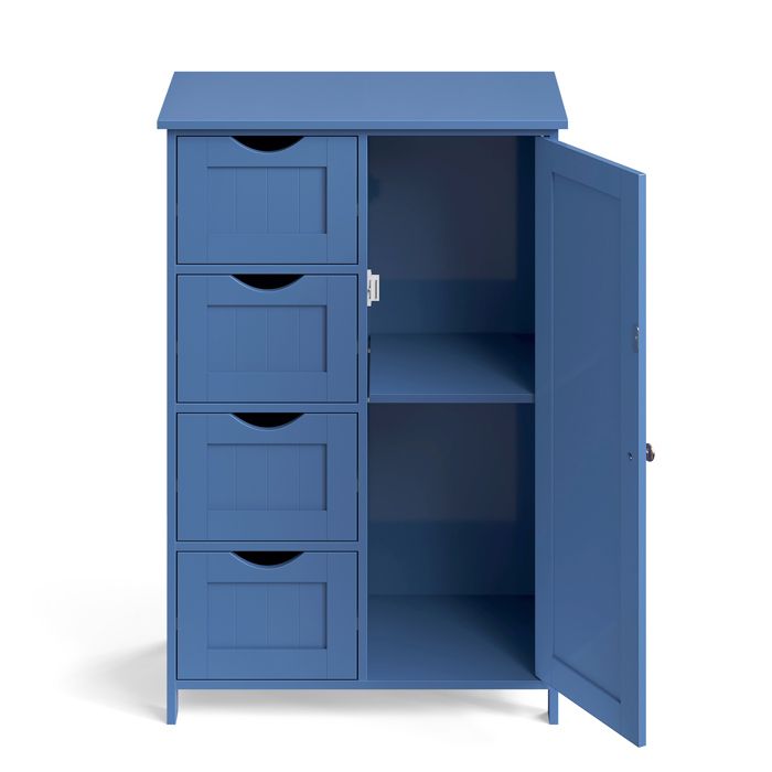 Armoire de Rangement Salle de Bain Commode Compacte avec 4 Tiroirs Placard Porte Étagère Ajustable Bleu