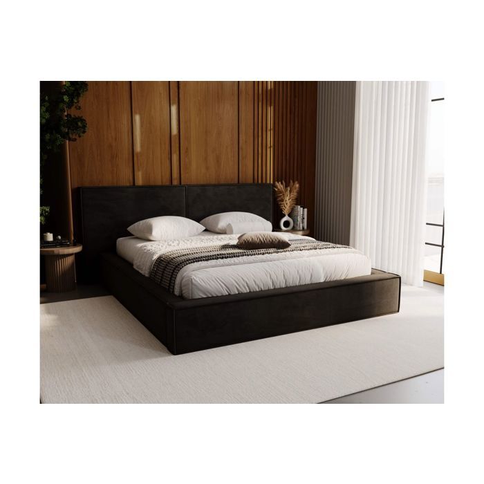 Cadre de lit avec coffre ZELIO en velours - Gris foncé - Dimensions du couchage : 160 x 200 cm