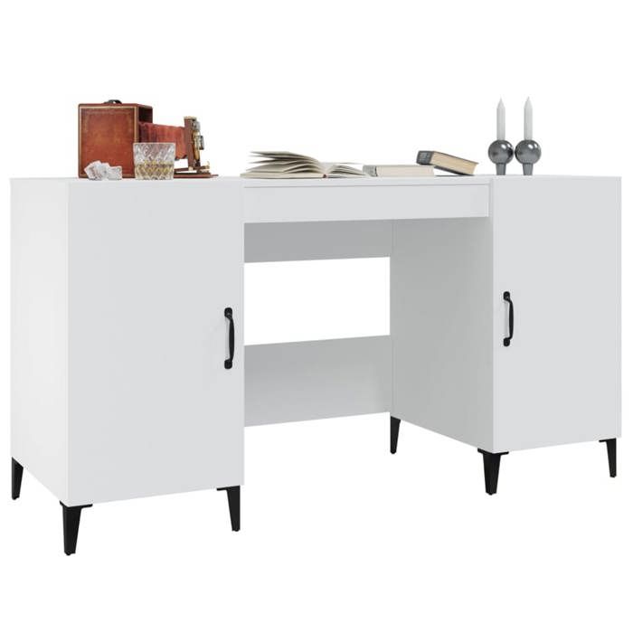 Bureau blanc en bois dingénierie - MEUBLECHIC - 140x50x75 cm - Blanc - Bois dingénierie - 2 compartiments de rangement