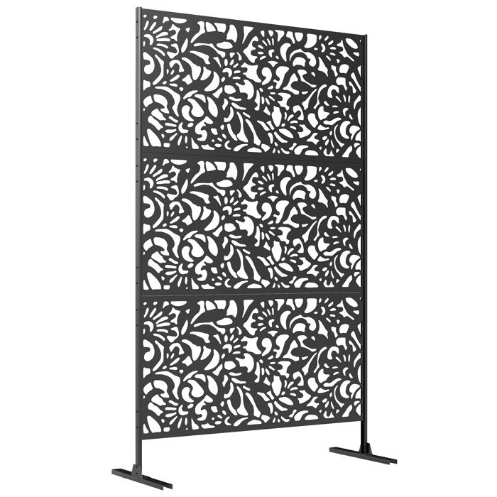 Brise Vue décoratif Extérieur - Outsunny - 3 Panneaux - à motif floral - Acier galvanisé - 122 x 45 x 198 cm - Noir