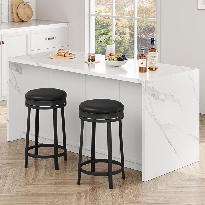 2pcs Tabouret De Bar Pivotant sans Dossier - Assise Ronde Rembourrée en Cuir PU- - Structure Métal Robuste - Hauteur 76 cm-noir