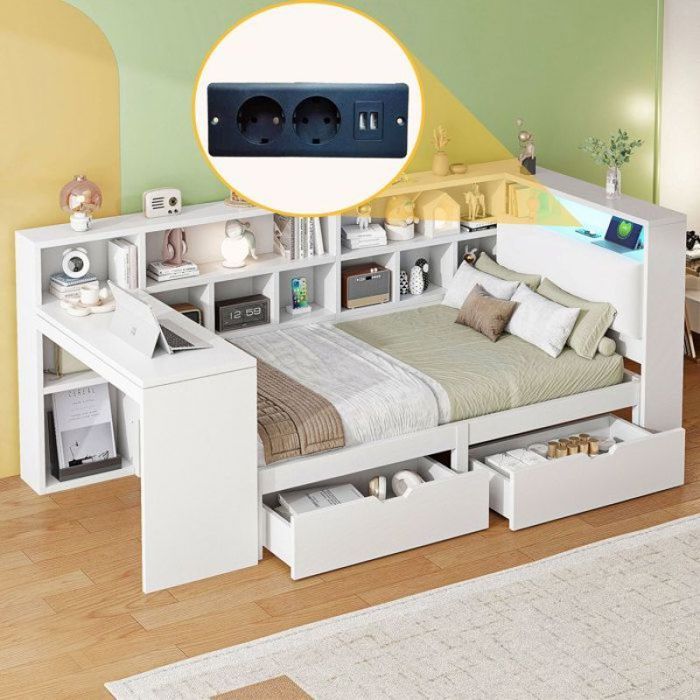 Lit de jour en L 90x200 cm avec tête de lit capitonnée et LED lit simple en bois avec bureau et 2 tiroirs de rangement LIT COMBINE