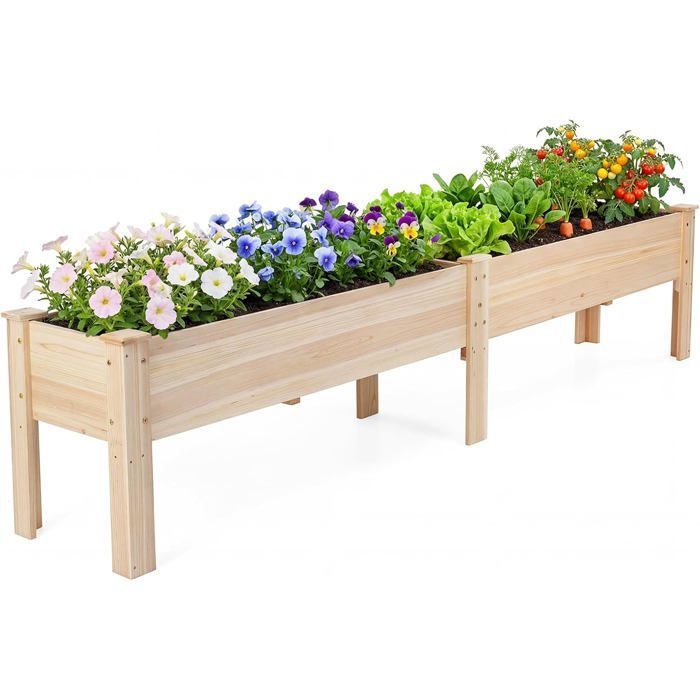 Jardinière avec 2 Zones de Culture COSTWAY Plateaux Amovibles Séparation en Bois de Sapin Trou de Drainage pour Plantes Légumes