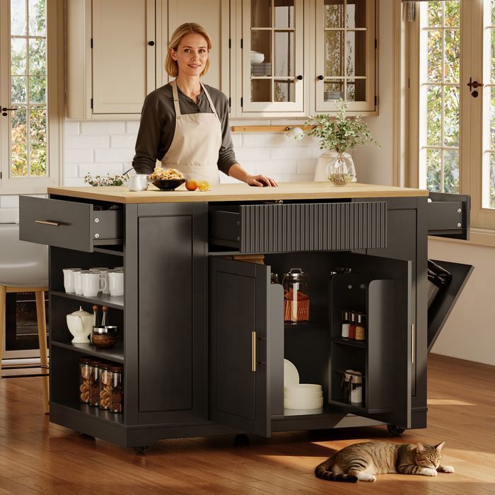 Chariot de Service Noir - 120x50x92 cm - 3 Tiroirs - avec Compartiment pour Poubelle - Îlot de Cuisine Mobile Chariot de Service Noir - 120x50x92 cm - 3 Tiroirs - avec Compartiment pour Poubelle - Îlot de Cuisine Mobile