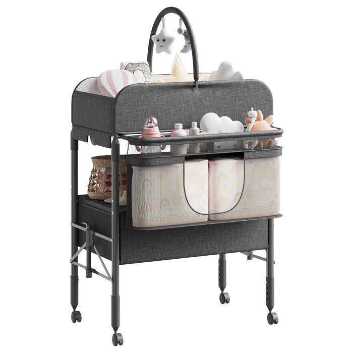 Table à langer pliante pour bébé N-226 – Avec rangement acier + tissu gris foncé – Meuble de change pratique