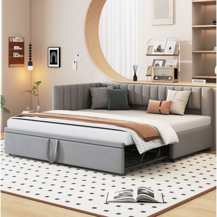 Lit banquette convertible 90/180×200 cm. avec lit gigogne. lit enfant rembourré. sans matelas. velours. gris