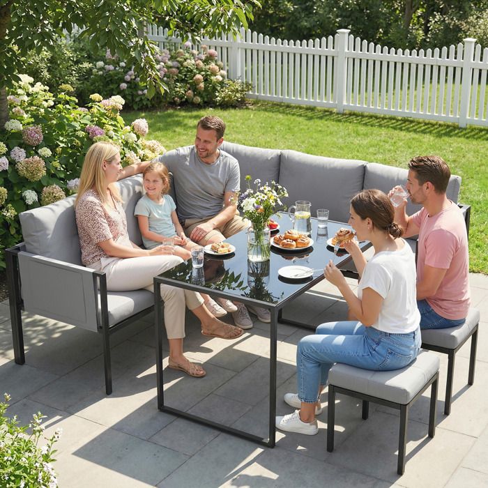 Salon de Jardin Canapé dAngle Extérieur 6 Pièces Coussins 10cm Table Haute et 2 Repose-pieds Gris