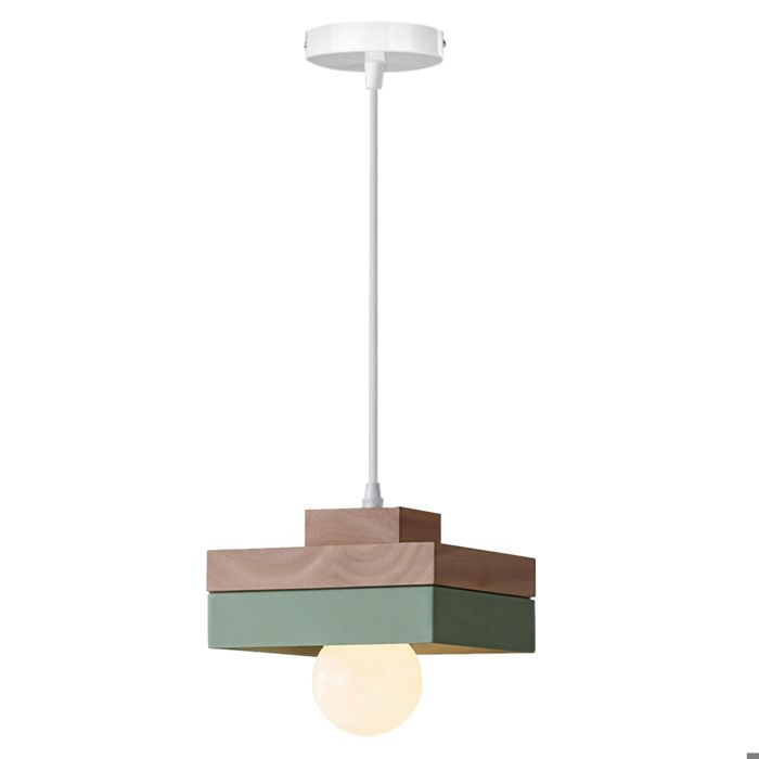 iDEGU Lustre Suspension Moderne 18cm Vintage Suspension Luminaire Industriel Abat-jour en Bois Design Carre E27 Plafonnier Vert