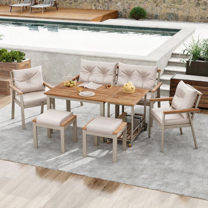 Ensemble de table et chaises de jardin - salon de jardin - ensemble de table et chaises de jardin pour 6-7 personnes - beige