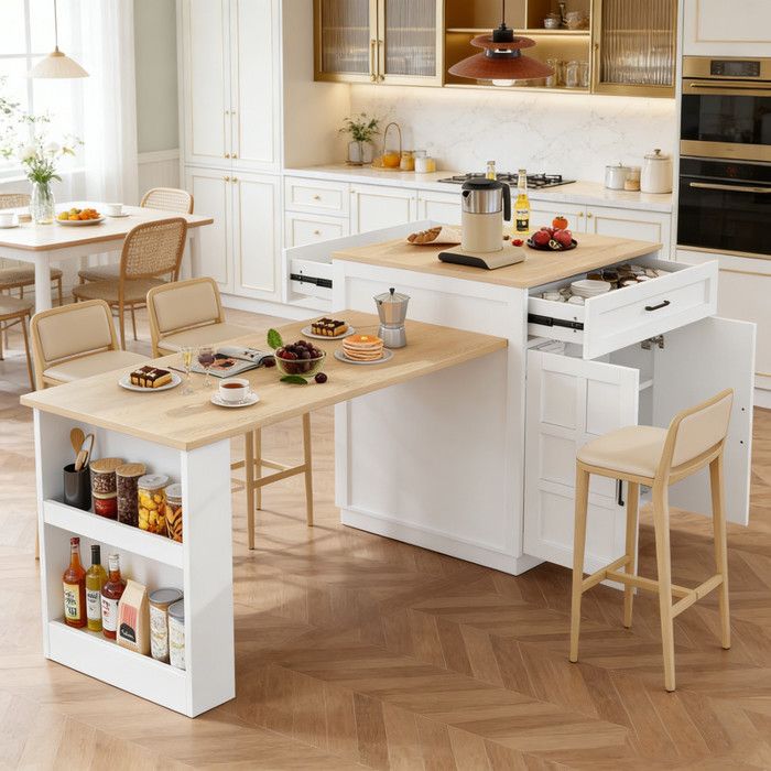 Table de bar extensible avec deux tiroirs et quatre étagères étagère latérale pour 2 à 6 personnes îlot de cuisine blanc