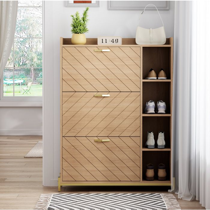 Meuble à chaussures 3 portes abattantes soft-close - TCQPZ - étagères ouvertes latérales en MDF naturel 90 × 24 × 119 cm