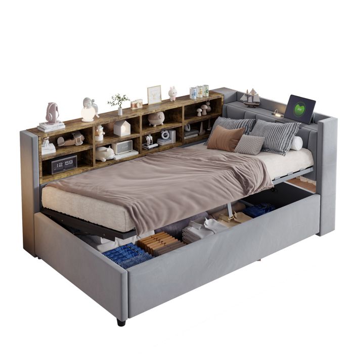 VLIVRA Lit Banquette Lit Simple Coffre Hydraulique USB Port C Veilleuse et Étagères 90×200 cm sans Matelas