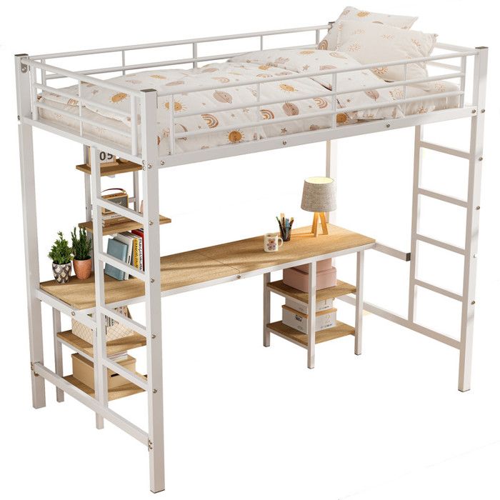 Lit Superposé En Fer + MDF Blanc 90x200cm Adapté Enfants/Ados Avec Échelle Latérale Grille Anti-ChuteTable et Étagères