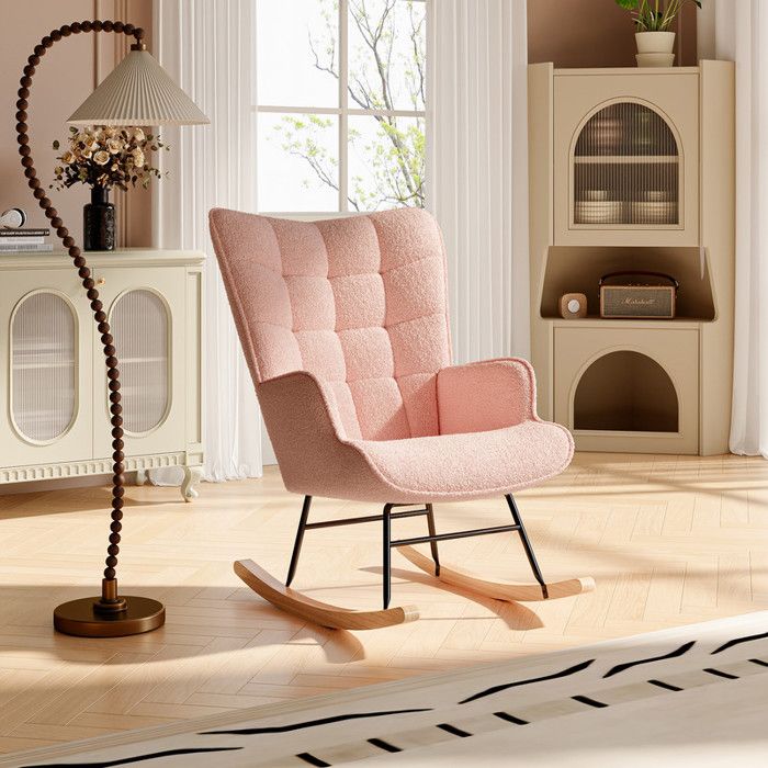 Fauteuil à Bascule Rocking Chair avec Accoudoirs Pieds en bois massif Pour le salon chambre Polaire Teddy Rose