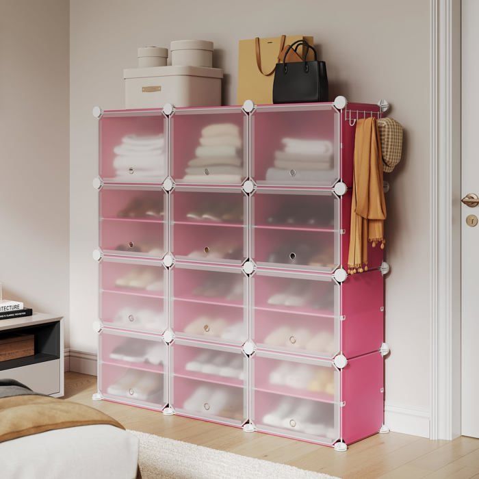Meuble de rangement modulable - LUNSY - 24 cases modulables - Portes translucides anti-poussière