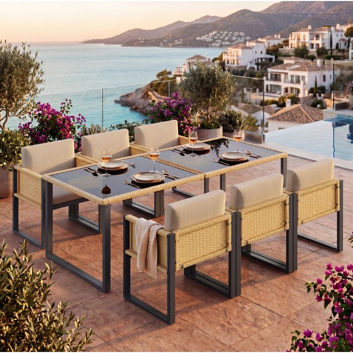 salon de jardin 6 personnes table 170x80 cm et 6 fauteuils en résine tressée verre trempé brun noir
