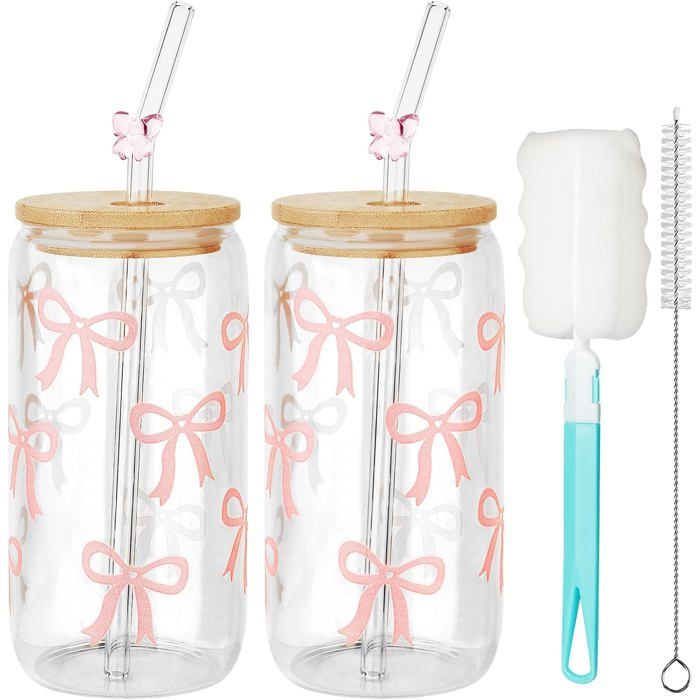 2 Gobelets en verre 500 ml avec couvercle et paille - Design nœud rose - Tasses polyvalentes pour eau café soda cocktail