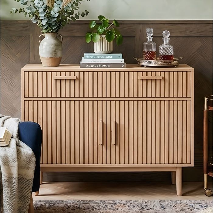 Buffet 100x35x80cm - 2 Tiroirs et 2 Portes - Style Scandinave - Pieds Bois Massif - MDF et Bois - Chêne Naturel