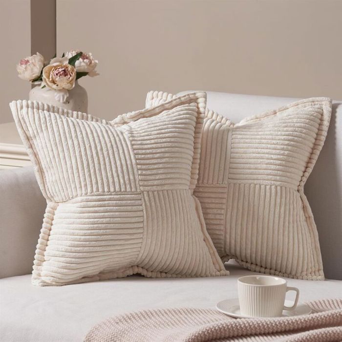 Housse Coussin 40x40 en Velours Côtelé Beige – Lot de 2 avec Motif Croisé pour Salon Chambre ou Jardin