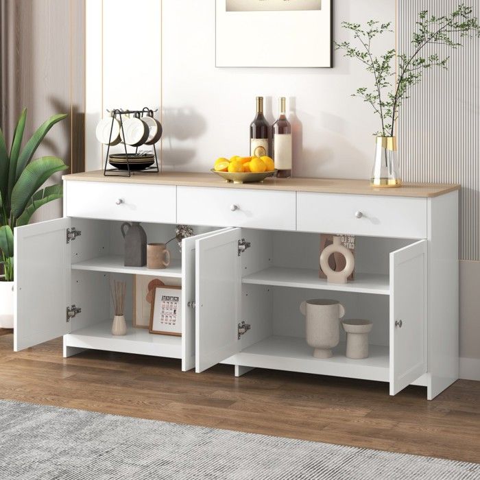 Buffet Bahut Veiné Blanc 160x37x75cm 4 Portes 3 Tiroirs Meuble Rangement Mixte Bois Salon Salle à Manger Buffet Bahut Veiné Blanc 160x37x75cm 4 Portes 3 Tiroirs Meuble Rangement Mixte Bois Salon Salle à Manger