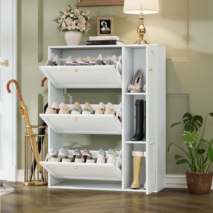 Meuble à chaussures blanc 90x25x114 cm avec 3 abattants 1 porte latérale
