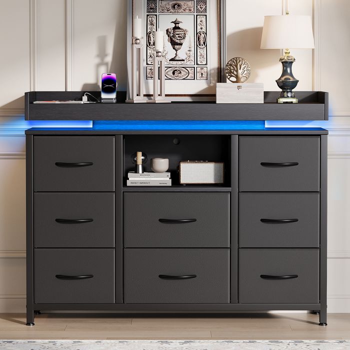 Buffet bas de salon - Buffet bahut - 8 tiroirs 1 étagère - LED intégré 7 couleurs - Meuble TV - 108x30x82 cm - Cadre en métal - Noir
