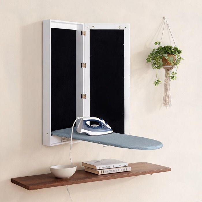 Armoire murale avec table à repasser rabattable finition blanc brillant MDF façade miroir 95 5 x 35 5 x 9 5 cm