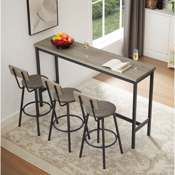 WUVRIE Ensemble table de bar 160 x 40 x 955 cm avec 3 tabourets rembourrés style industriel gris et noir