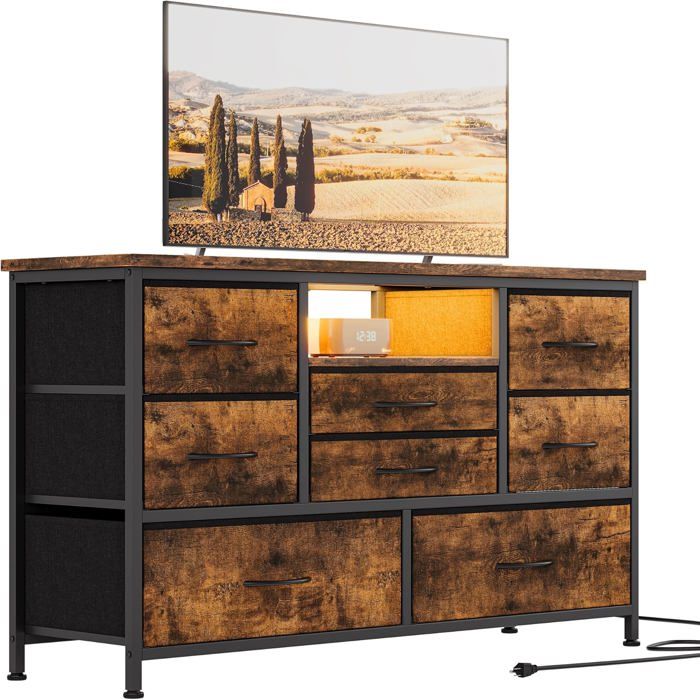 Meuble TV avec tiroirs en tissu Commode avec tiroirs support TV avec éclairage LED cadre en métal pour chambre marron vintage
