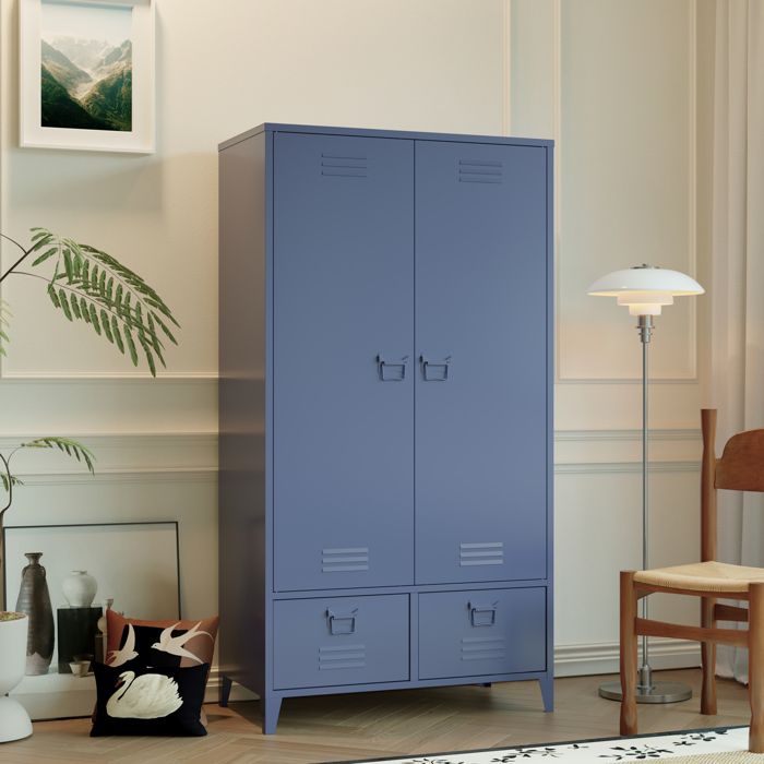 Armoire en métal 2 portes avec penderie bleu gris MAEVA Armoire en métal 2 portes avec penderie bleu gris MAEVA