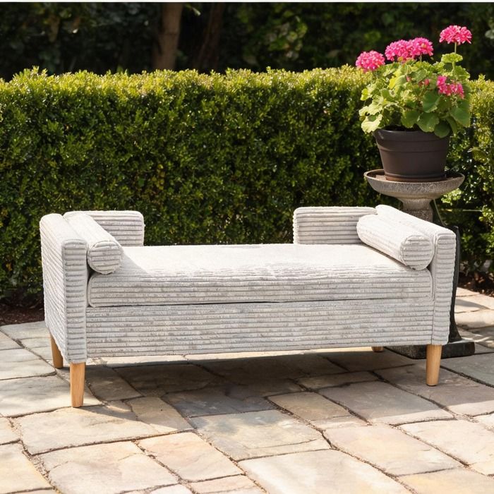 Banc de rangement capitonné en velours côtelé gray-toned dossier et accoudoirs 2 coussins 153 cm