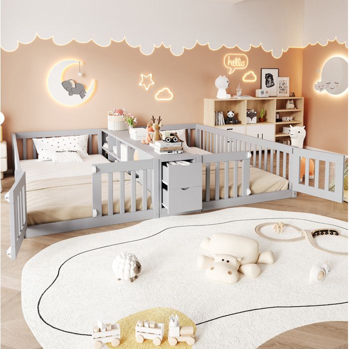 Lit Combine Enfant avec 2 Couchages Etagere Centrale et 2 Tiroirs - TCQPZ - Barrieres Hautes - Bois - Gris