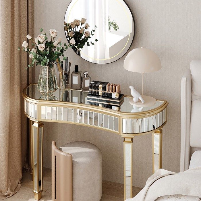 ULEVR Table console demi-lune miroir 120 cm dorée avec tiroir pour entrée salon ou coiffeuse