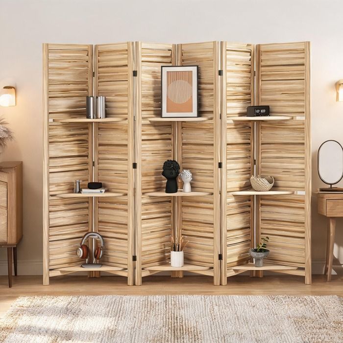 Paravent 6 panneaux en bois de paulownia effet brûlé avec étagères séparateur de pièce pliable
