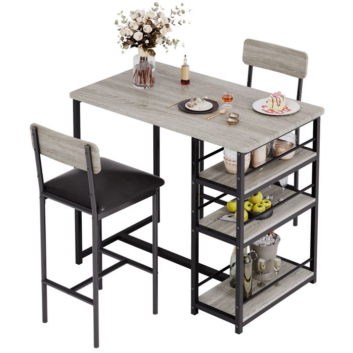 Ensemble table et tabourets bar – 1 table + 2 tabourets rembourrées 3 étagères – gris – cuisine bar