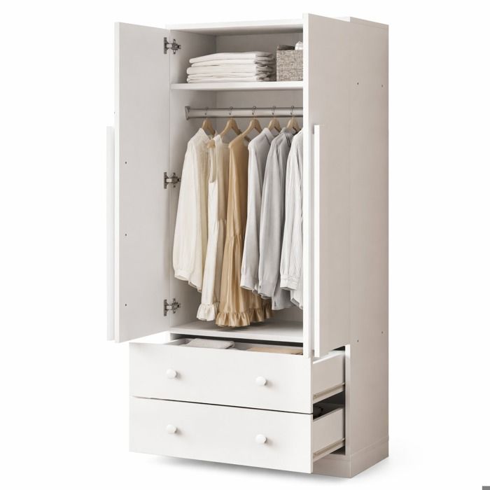 ELVORIN Armoire de chambre double porte 70 x 40 x 170 cm 2 tiroirs penderie avec étagère supérieure blanc