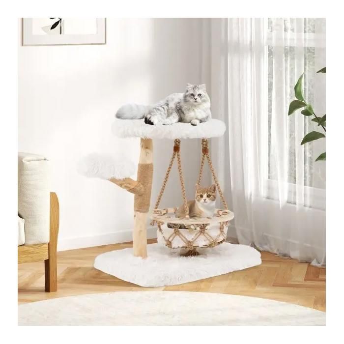Arbre à chat moderne en bois massif poirier - berceau suspendu plateaux rembourrés griffoir jute anti-bascule design blanc élégant