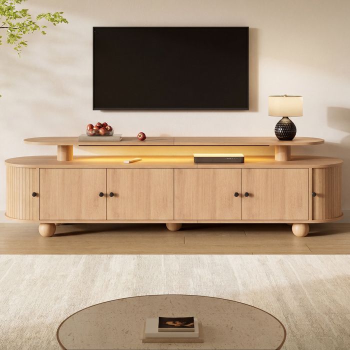 Meuble TV ovale double niveau 180 cm MDF décor bois naturel avec LED 4 portes fixes et 2 portes coulissantes