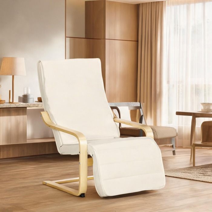 Fauteuil relax crème en lin avec repose-pied réglable et structure bouleau pour salon - Crème Lin (100 polyester) 94 x 66.5 x 100 cm