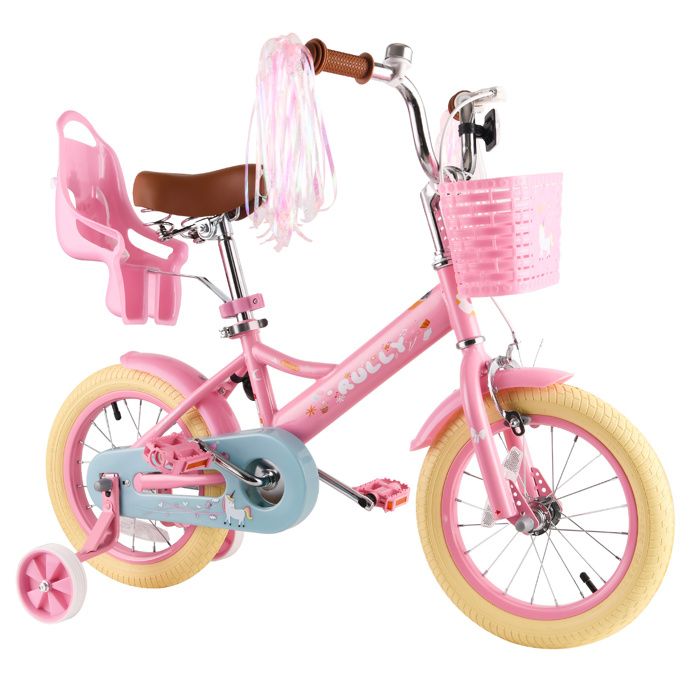 Velo Enfant Rully 001 12 Pouces Rose - Vélo Fille avec Roues dApprentissage Panier et Porte-Poupée Frein Adapté