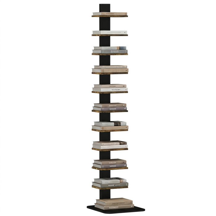 Bibliothèque Tour 11 Niveaux Étagère Colonne Étroite Gain de Place 34 5x41 5x163 5 cm Métal et Bois Marron Rustique