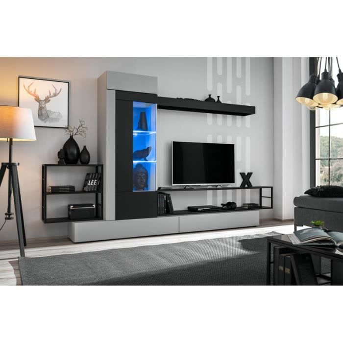 meuble tv mural rebel - ac-déco - l 300 x p 35 x h 180 cm - noir et gris - 2 tiroirs