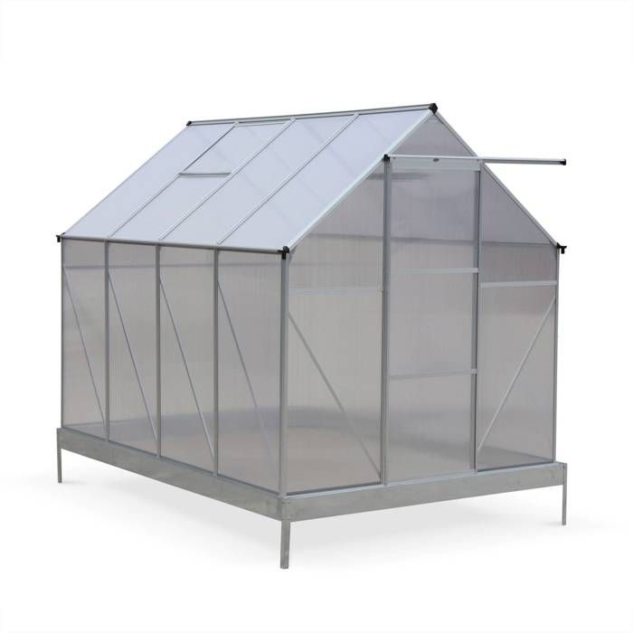 Serre de jardin CHENE en polycarbonate 5m² avec base. 2 lucarnes de toit. gouttière. Polycarbonate 4mm