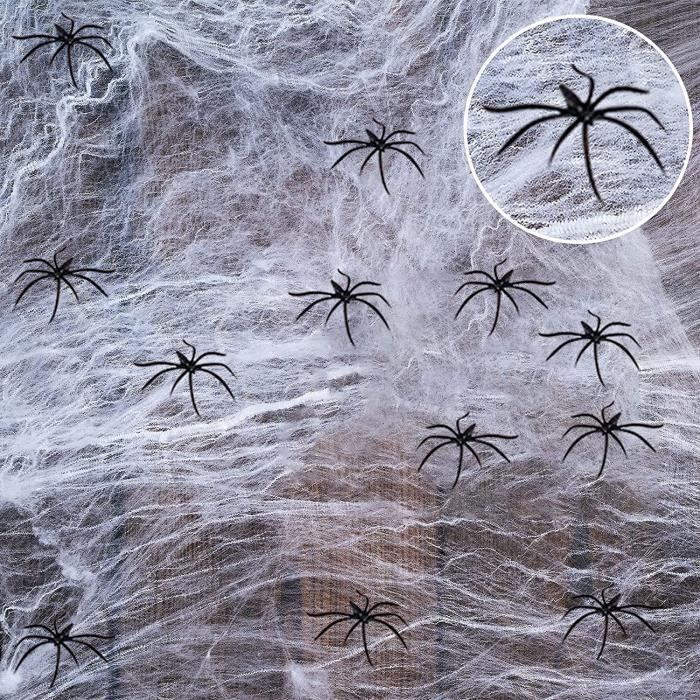 Toile D'Araignée Halloween + 40 Fausses Araignées - Décoration Effrayante Extensible - Pour Maison, Jardin, Fête - Matière Coton/Polyester