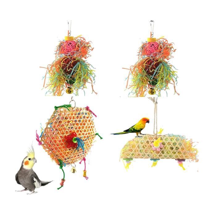 Jouets à mâcher pour oiseaux - Naturel - Bois Corde de coton Rotin - Couleurs vives - Pour perroquets