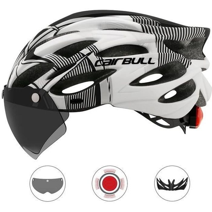Black white -Casque ultraléger de VTT, vélo ou cyclisme avec visière amovible,modèle moulé avec lunettes et feu arrière intégré pour