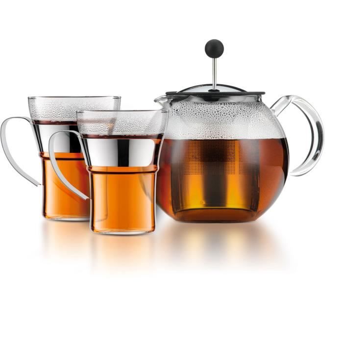 Théière à piston BODUM ASSAM SET 1.0 avec couvercle filtre inox + 2 tasses verre anse inox 0.35