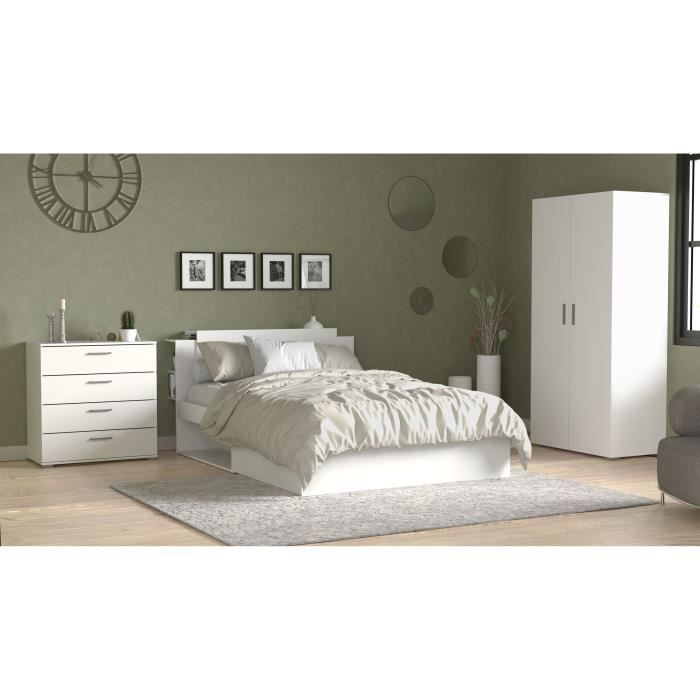 Chambre complète adulte LIFE - Lit + Commode + Armoire - Décor blanc - DEMEYERE - Fabriqué en France