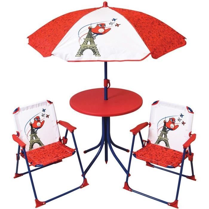 Mobilier de jardin - FUN HOUSE - Salon de jardin Jeux Olympiques Paris 2024 Table 46 x 46 cm 2 chaises pliantes parasol 125 x 100